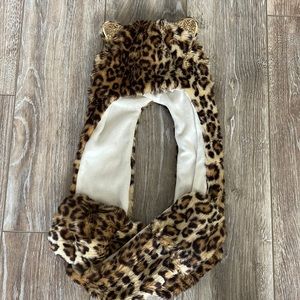Leopard hat, scarf, and gloves all in one!